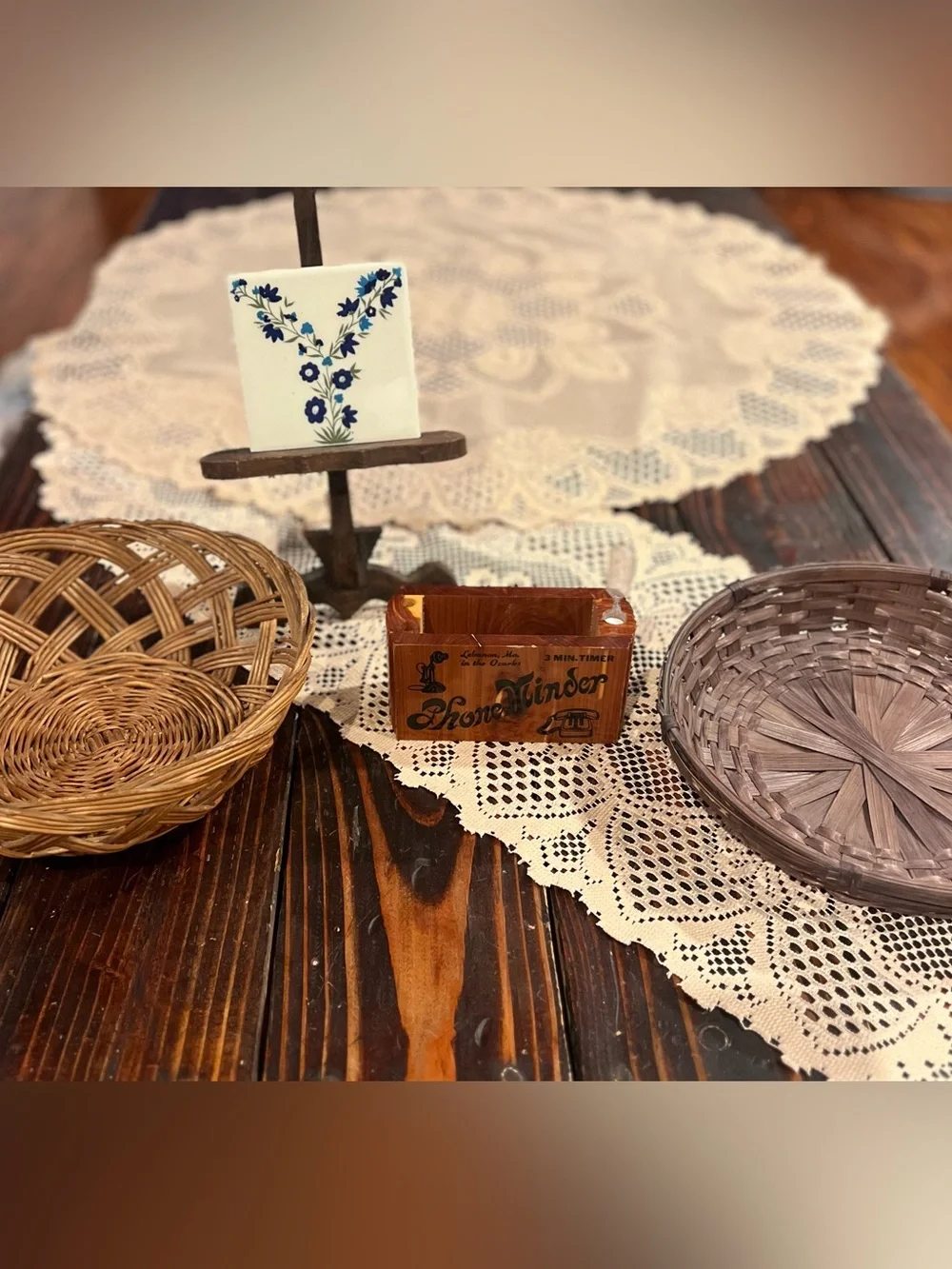 Wooden frame/book holder,Matchbox/notepad box, baskets, doilies Vintage Lot